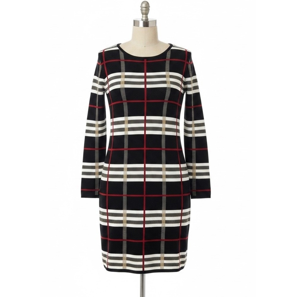 Melissa Paige Petite Plaid Sweater Dress Black Red White‎ PM